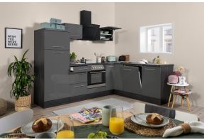 Complete grijze hoekkeuken met apparatuur