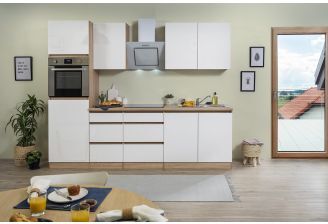 Greeploos en hoogglans keuken compleet met apparatuur in eiken-sfeerfoto-vooraanzicht