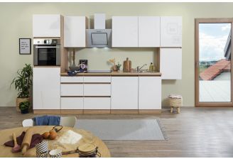 Greeploze keuken Meister in hoogglans wit en eiken 330cm-  sfeerfoto voorkant
