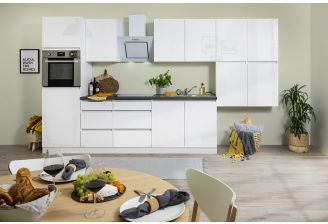 Greeploze keuken Meister Premium in hoogglans wit-Keuken wit-afzuigerkap-sfeerfoto-afwasbak-oven+kookplaat