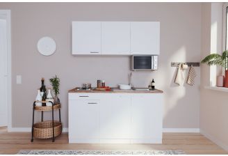 Witte mini keuken 150 cm met eiken werkblad- met magnetron zonder koelkast