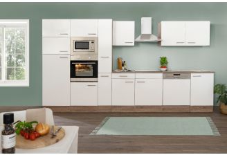 Voorzijde van de zelfbouw keuken Meister New York 370cm incl. apparatuur met witte fronten