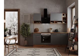 Wild eiken keuken in een appartement met grijze frontjes