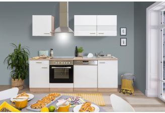 Keuken 220 cm wit KB220ESWC voorkant met vaatwaser kookplaat en oven sfeerbeeld
