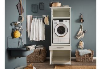 Laundry Economy Waskamer opstelling met Wasmachine verhoger en bovenkast | Wit