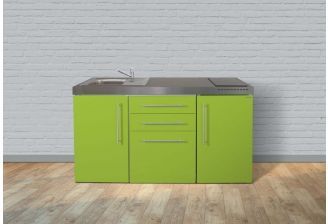 appelgroen-RVS-minikeuken-sfeerfoto-keukenblok stengel mp 160 kleir met koelkast en schuifladen