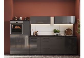 Meister Premium kookeiland met softclose 310cm grijs eiken/hoogglans inclusief met apparatuur-Grijs