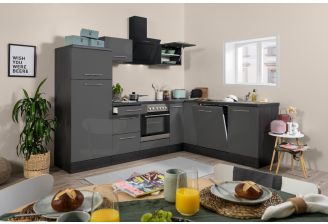 Complete grijze hoekkeuken met apparatuur